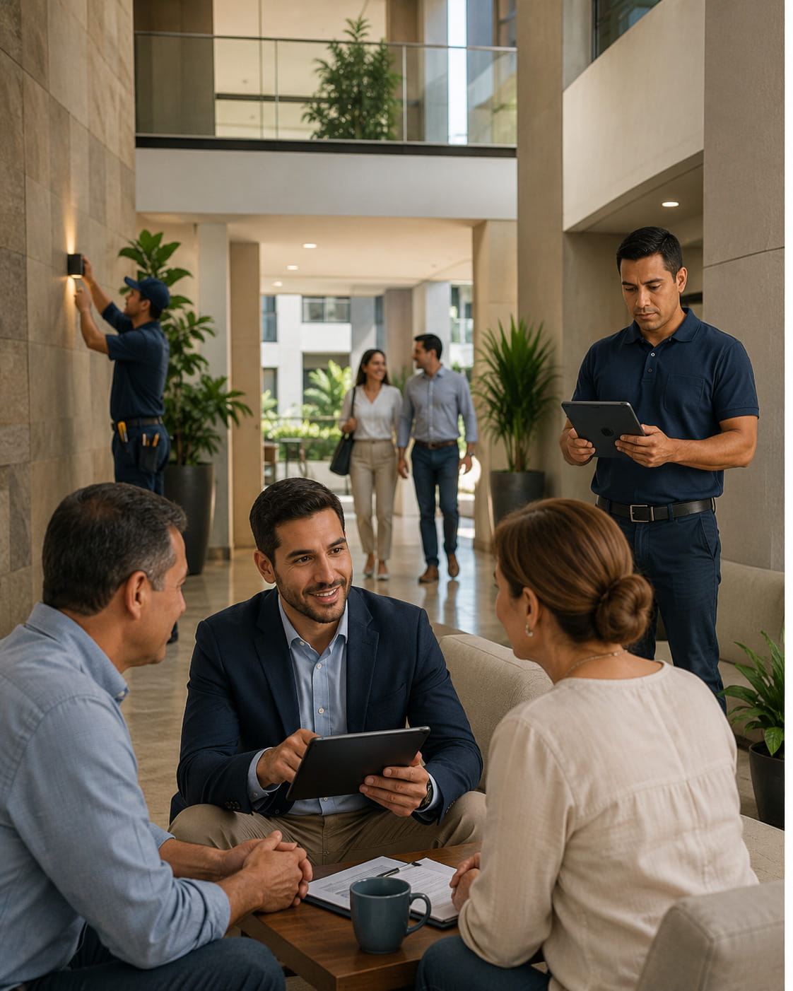 Equipo de IN HOUSE reunido con residentes y supervisando las operaciones de un condominio para garantizar una gestión transparente y eficiente.