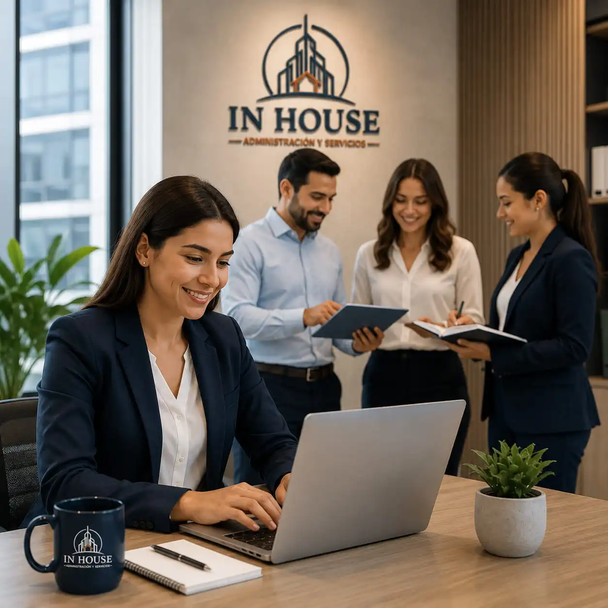 Equipo de Administración y Recursos Humanos de IN HOUSE coordinando la gestión del personal y la atención administrativa para edificios y condominios en Lima.