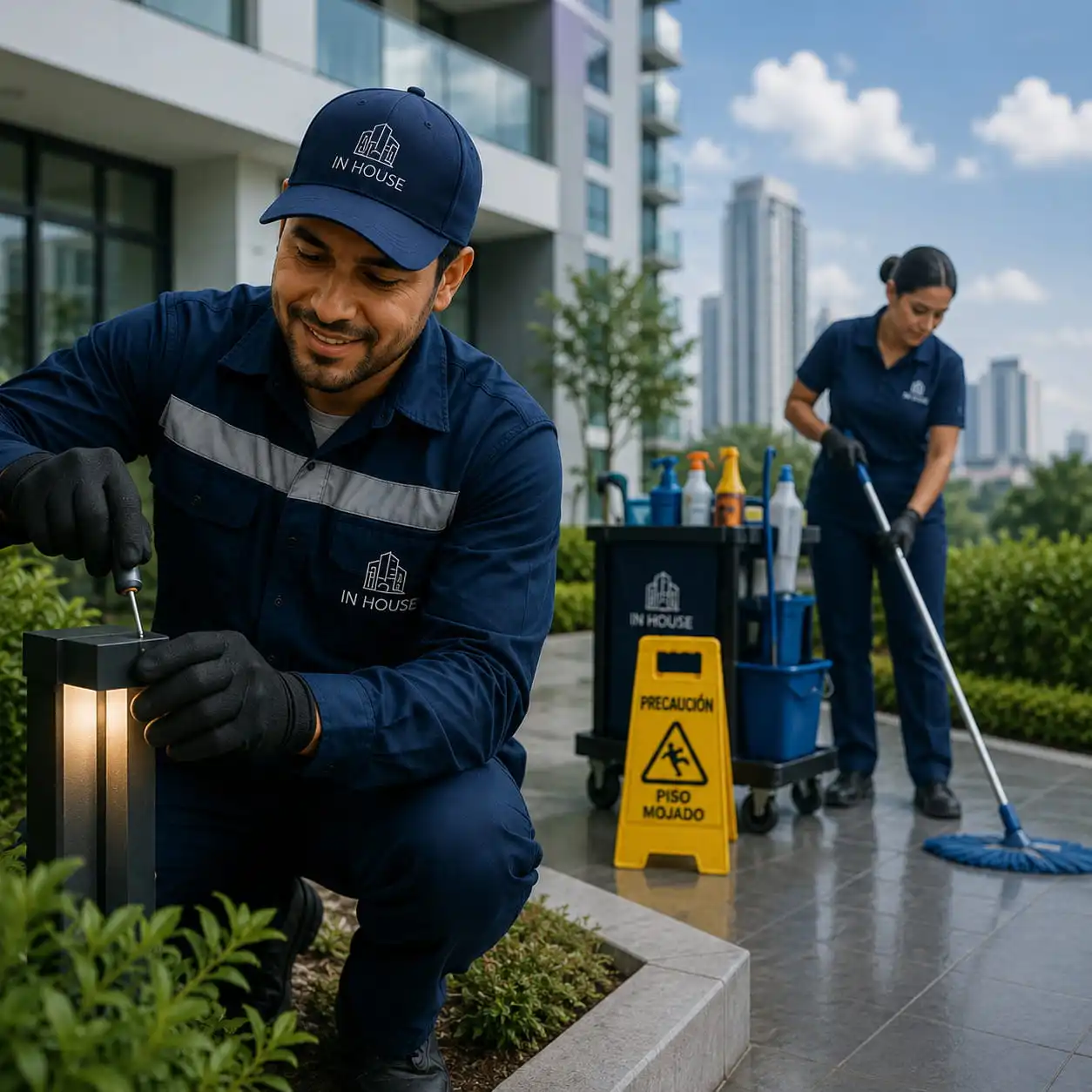 Personal de IN HOUSE realizando labores de mantenimiento y limpieza en áreas comunes de un edificio residencial en Lima.